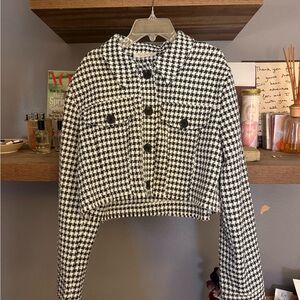 Cropped Houndstooth Button-Front Blazer Jacket - Black & White
